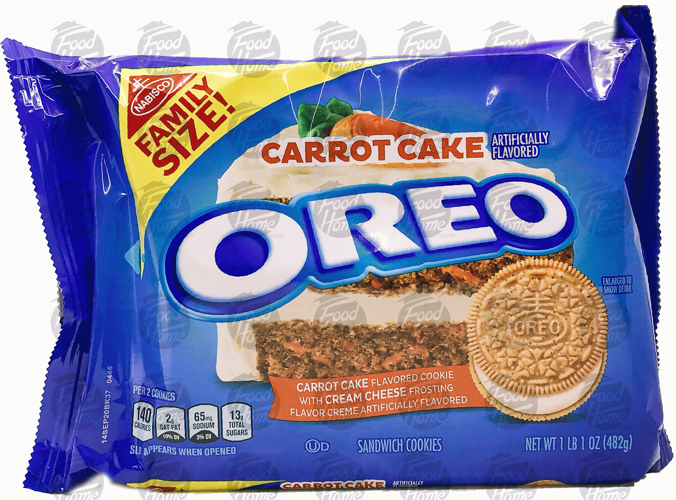 Nabisco Oreo carrot cake creme filled oreo cookies, family size, wrapper Full-Size Picture